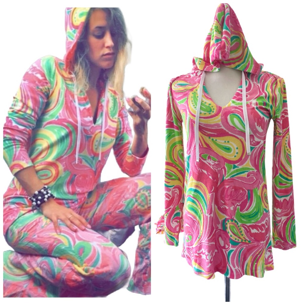 Lilly Pulitzer Multi All Nighter V-Neck Flamingo Terry Tunic Hoodie Size XS EUC